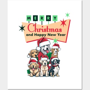 Retro Christmas Dog Design - Cute Dogs with Santa Hats Under a Retro Sign Posters and Art